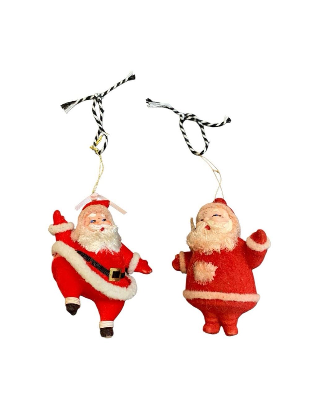 Vtg Lot 2 1960s Dancing Santa Christmas Ornaments Painted Faces Flocked-DAMAGED